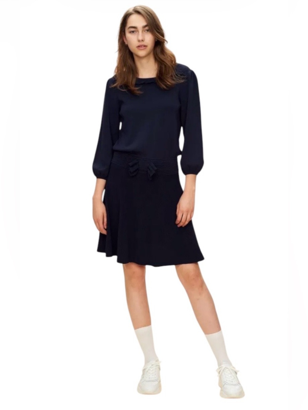 Claudie Pierlot Paris Knit Dress Navy Bow Waist Skater Flared L Coquette Preppy